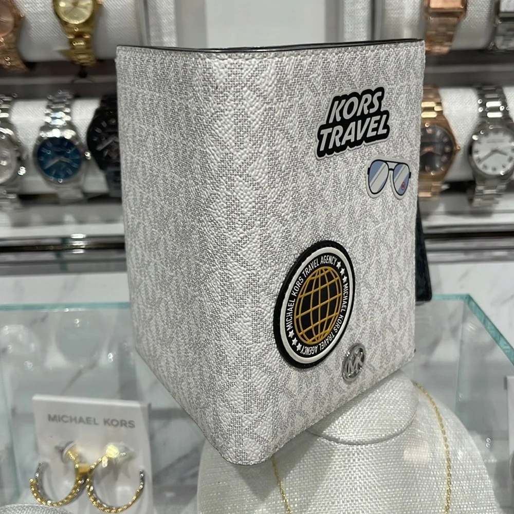 Michael Kors Jet Set Travel Md Embellished Signature Logo Passport Case Optic Wh